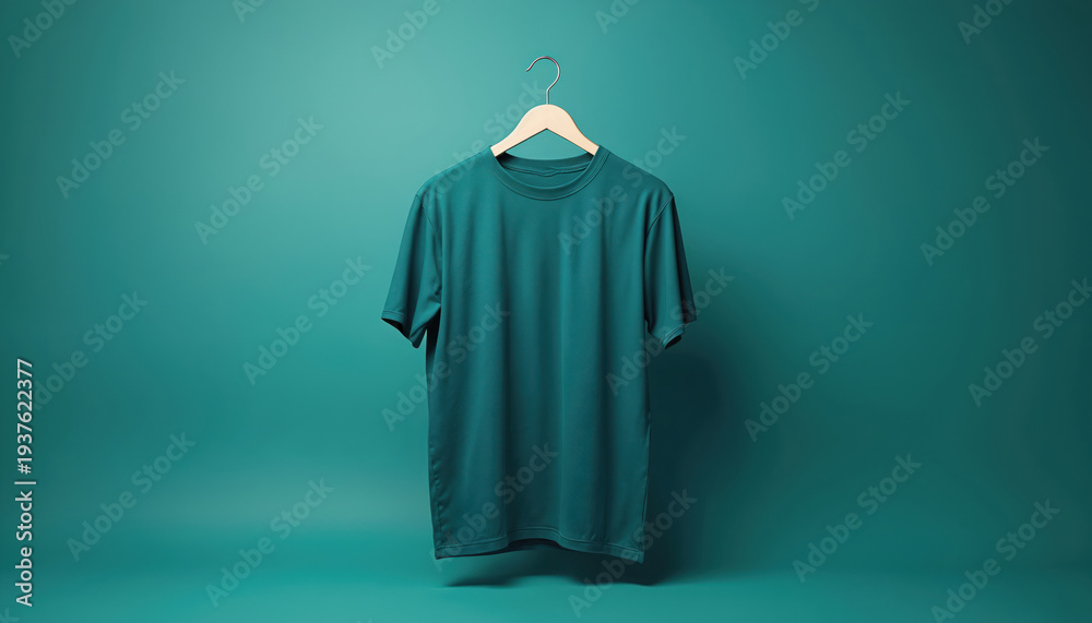 Fototapeta premium Teal t-shirt hangs on wooden hanger. Plain short sleeve shirt displayed on solid color teal backdrop. Minimalist casual clothing item for everyday wear. Apparel industry product shot.