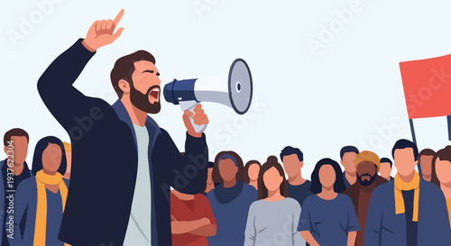 Dynamic illustration of a male leader with a megaphone addressing a diverse protesting crowd, symbolizing advocacy for social issues and collective action for change