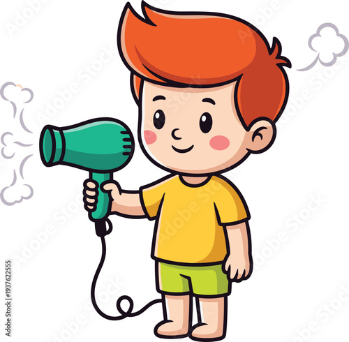 Cartoon child with red hair using hair dryer, fun colorful illustration showing grooming, personal care, safety, and lifestyle design for educational and beauty projects