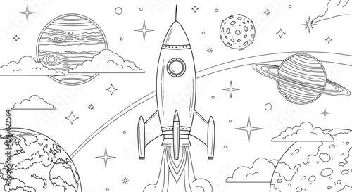 Rocket Launch in Outer Space Coloring Page Vector Illustration with Planets Stars Moon and Galaxy for Kids Educational Astronomy Activity Design