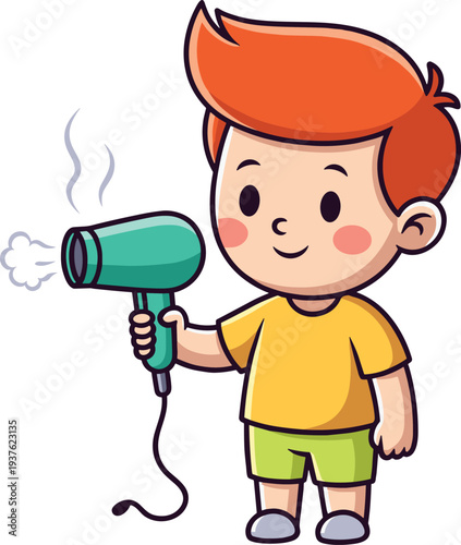 Cartoon child using hair dryer, fun colorful illustration showing grooming, safety, and personal care for educational materials, beauty design projects, and lifestyle graphics