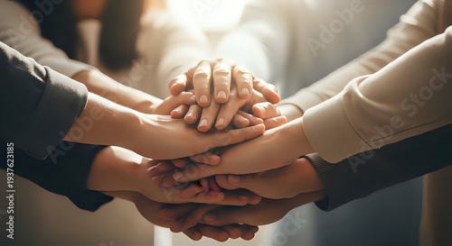 A group of diverse people stacking their hands together in unity and teamwork