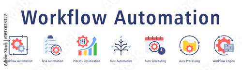 Workflow Automation banner with icons of Workflow Automation, Task Automation, Process Optimization, Rule Automation, Auto Scheduling, Auto Processing, and Workflow Engine.
