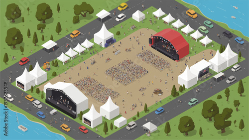 Festival grounds with white tents stage and audience surrounded by road trees and water