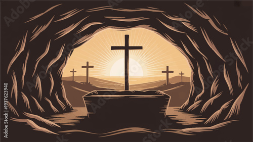 Silhouette of crosses in a desert landscape at sunset viewed through a cave entrance with a stone pedestal