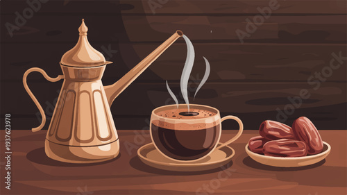 Steaming cup of coffee with dates and traditional arabic coffee pot on wooden table