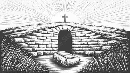 Easter tomb empty grave with stone rolled away cross on top sunrise rays symbolizing resurrection and hope