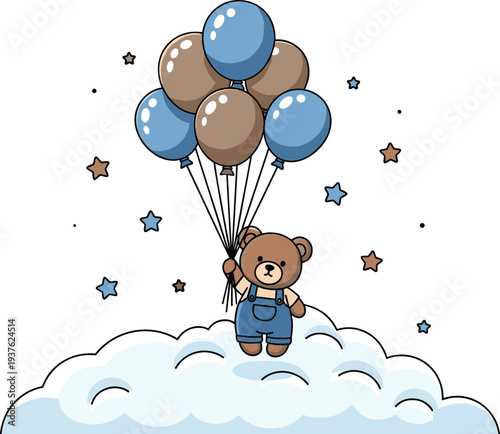 Cute Teddy Bear Flying with Balloons on Cloud Vector Illustration for Baby Shower Nursery Decoration Kids Birthday Card and Cartoon Character Design