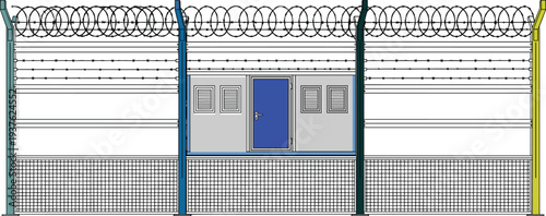 secure prison fence with barbed wire, correctional facility wall illustration, security perimeter barrier, detention center protection concept