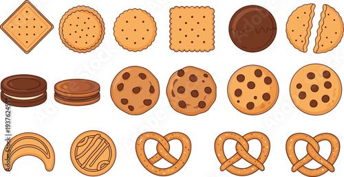 Assorted Cookies and Biscuits Vector Set with Chocolate Chip Cookies Crackers Sandwich Biscuits and Pretzels Sweet Bakery Snack Illustration Collection