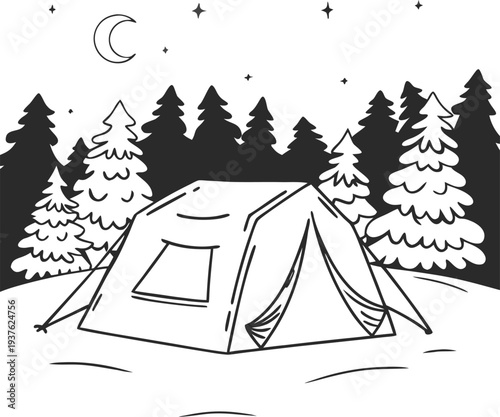 Camping Tent at Night in Forest with Moon and Stars Line Art Illustration
