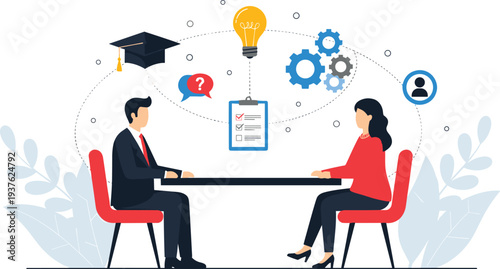 Job Interview Conversation Vector Illustration with Business Man and Woman Talking at Office Desk Recruitment Hiring Process Career Opportunity Concept