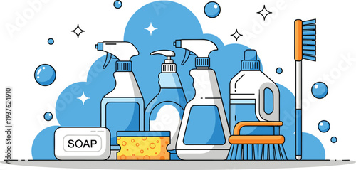 House Cleaning Supplies Vector Illustration with Spray Bottles Soap Sponge Brush and Detergent Tools for Home Hygiene Sanitation and Household Cleaning Concept
