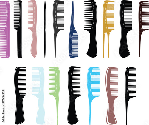 hair comb collection set, colorful barber combs illustration, hairstyling tools icons, professional hairdresser equipment, beauty salon accessory design
