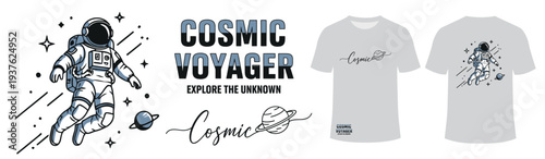Astronaut floating in space, Cosmic Voyager graphic with planet and stars, t-shirt design concept