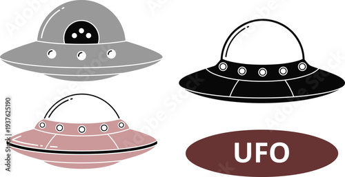 ufo flying saucer icons, alien spaceship illustration set, sci fi spacecraft symbols, extraterrestrial vehicle design, space mystery concept