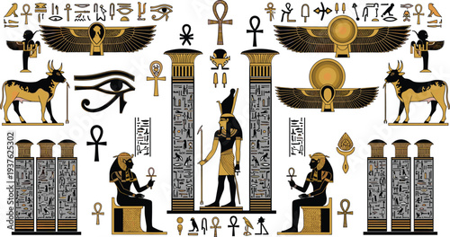 ancient egyptian symbols collection, pharaoh gods hieroglyphs illustration, egypt mythology art, traditional egypt culture icons, historical egypt design set