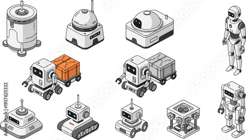 Isometric Robot and Autonomous Machine Vector Set with Delivery Bots Humanoid Robot Industrial Robotics and Smart Technology Illustration Collection