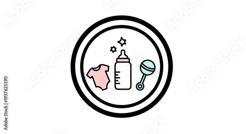 Baby Care Icon with Clothes and Bottle.