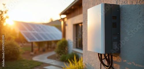 Modern solar inverter device mounted on house wall. Solar panels on roof convert sun energy. Sustainable home technology for clean electricity generation.