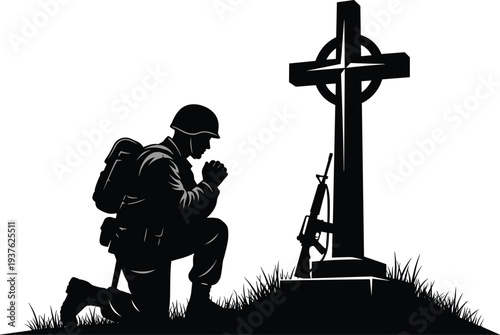 soldier kneeling at grave cross, military memorial tribute, fallen hero remembrance, patriotic war memorial illustration, honoring sacrifice concept