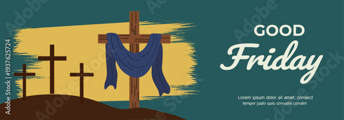 Good Friday Religious Banner with Crucifixion Crosses and Blue Shroud on Calvary Hill