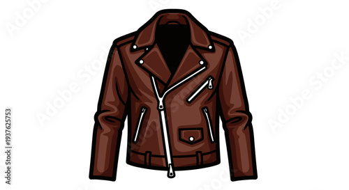 Brown Leather Jacket with Zipper and Pockets.