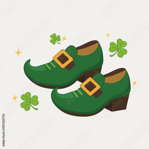 Green Leprechaun Shoes with Gold Buckles and Lucky Shamrocks for Saint Patricks Day