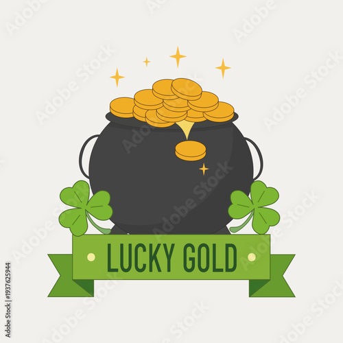 Pot of Gold with Lucky Clovers and Green Ribbon