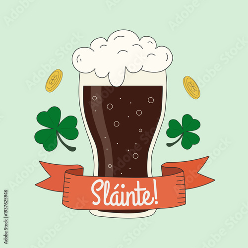 St Patricks Day Dark Beer Toast with Shamrocks and Slainte Ribbon