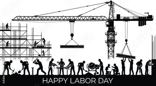 Construction workers silhouettes with tower crane and scaffolding, Happy Labor Day banner, industrial workforce teamwork at building site vector illustration