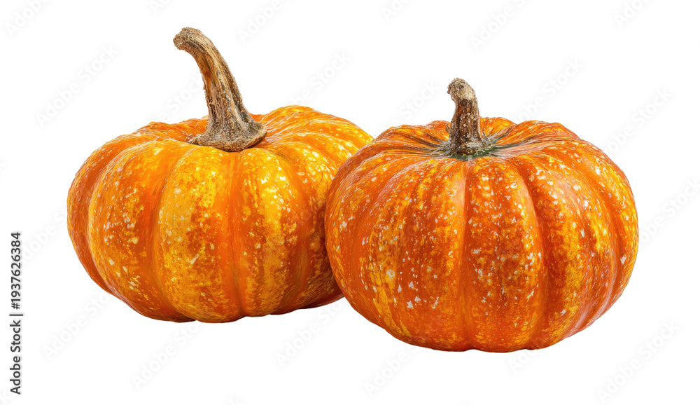 Fototapeta premium Two small, bright orange pumpkins with textured skin, isolated on a black background