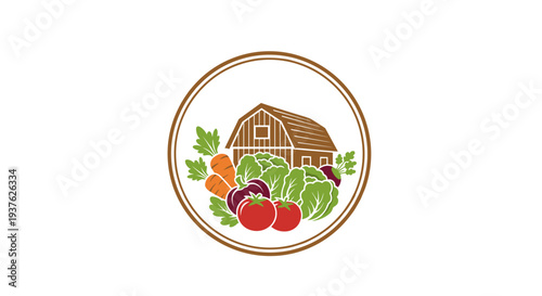 Farmhouse and Fresh Vegetables Emblem Logo.