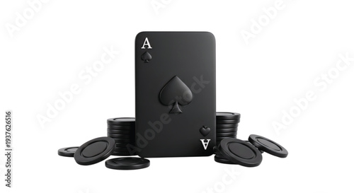 A black spade ace playing card stands upright surrounded by stacks of poker chips on a white background