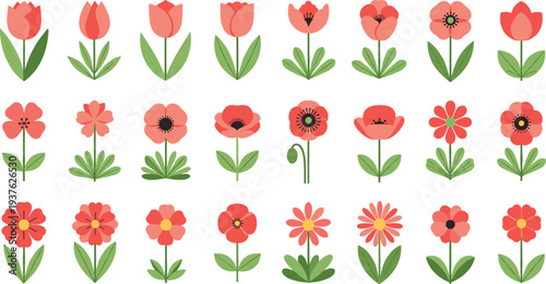 Red Flower Vector Collection with Cute Floral Blossom Icons Tulips Poppies and Decorative Garden Plants for Spring Nature Design and Botanical Illustration