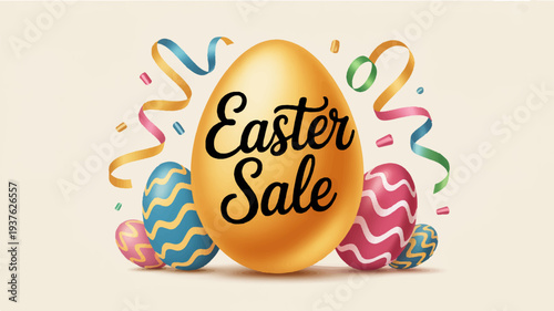 Easter sale promotion with colorful eggs and ribbons on beige background holiday shopping concept