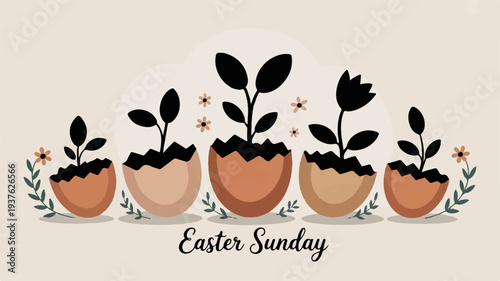 Colorful easter sunday plants in pots with flowers and stars on beige background