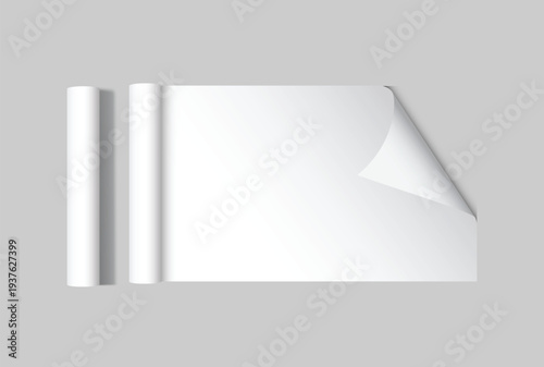 White gift wrapping paper mockup with rolled edge and curved corner isolated on background, clean paper texture for gift wrap design, packaging, branding, print, magazines, catalogs or newspapers.