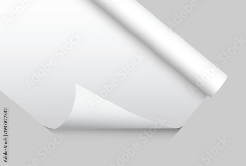 White gift wrapping paper mockup with rolled edge and curved corner isolated on background, clean paper texture for gift wrap design, packaging, branding, print, magazines, catalogs or newspapers.