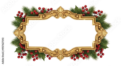 An ornate golden frame surrounded by lush green leaves and vibrant red berries in a festive holiday arrangement