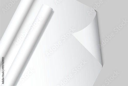 White gift wrapping paper mockup with rolled edge and curved corner isolated on background, clean paper texture for gift wrap design, packaging, branding, print, magazines, catalogs or newspapers.