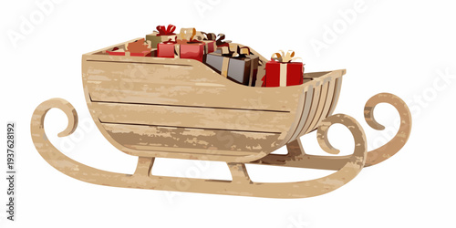 A wooden sleigh overflows with brightly wrapped gifts and festive decorations