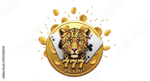 Golden Jackpot Icon Featuring a Leopard Head with Casino Elements and Coins