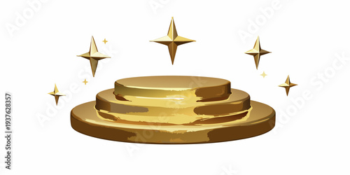 Golden tiered pedestal with sparkling stars isolated on a white background