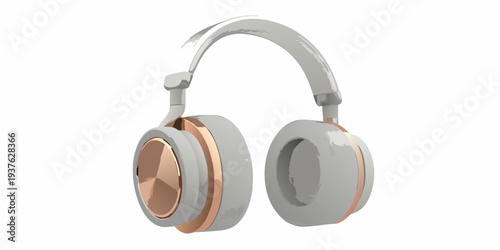 Stylized rendering of gray and rose gold over ear headphones on white