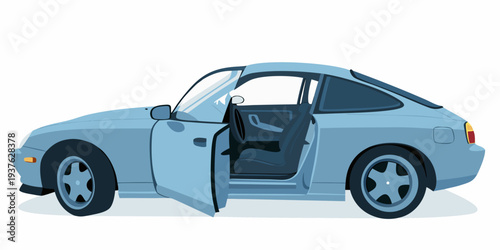 Light blue sports car with an open driver s side door shown in profile