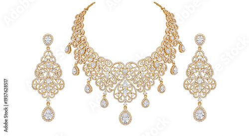 Luxurious diamond necklace and earrings set on a white background viewed from the front