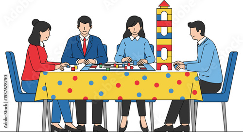 Family Playing Board Game Together at Table Vector Illustration with Parents and Kids Building Blocks Tower for Fun Indoor Activity