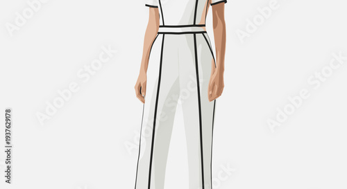 Woman Wearing White Jumpsuit with Black Stripes.