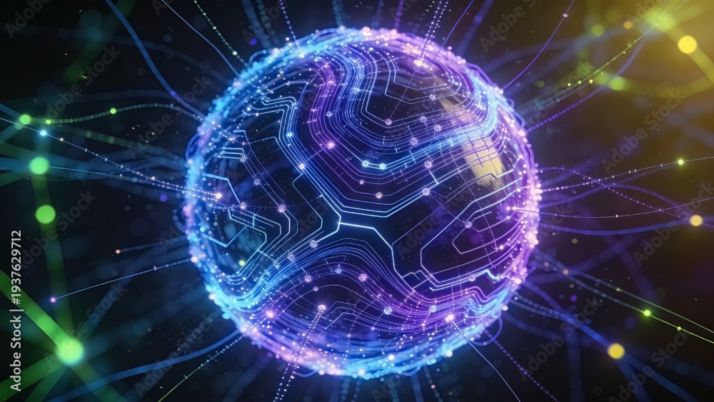 Obraz premium Futuristic digital planet with glowing network connections representing global internet and communication technology.
